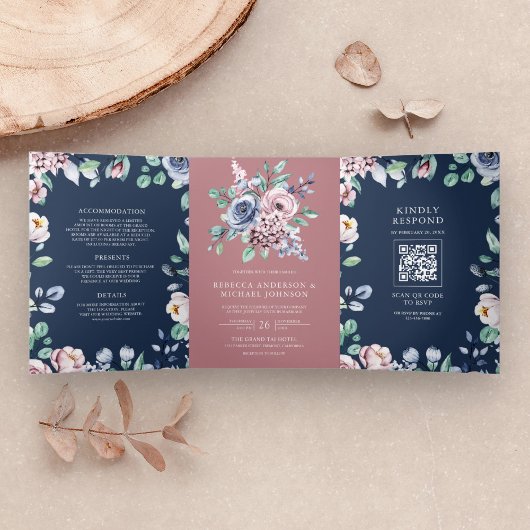 Stoffelijk Roos Roze Bloemen Navy Blauw QR Code Br Drieluik Uitnodiging