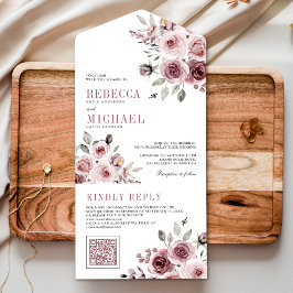Stoffelijk Roos Roze Bloemen QR Code Bruiloft All In One Uitnodiging