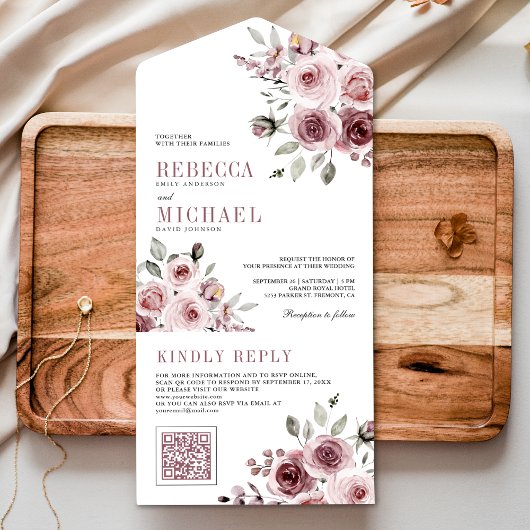Stoffelijk Roos Roze Bloemen QR Code Bruiloft All In One Uitnodiging