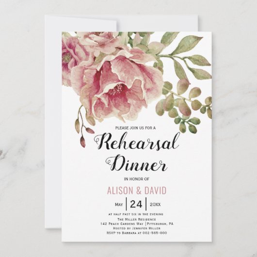 Stoffelijk roos roze bloemenbruiloft repetitie din kaart (Voorkant)