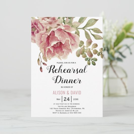Stoffelijk roos roze bloemenbruiloft repetitie din kaart (Staand voorkant)
