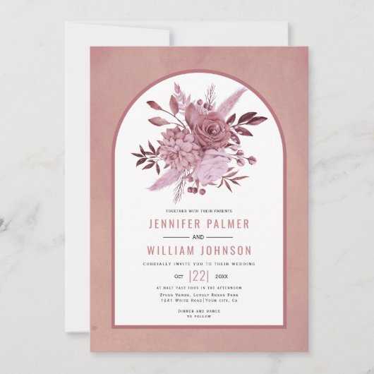 Stoffelijk roos roze bloemetjes en boogbruiloft kaart (Voorkant)