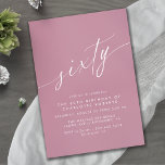 Stoffelijk Roos Roze Elegant Meisje Vrouwen 60ste  Kaart<br><div class="desc">Elegante en eenvoudige uitnodigingen voor de 60e verjaardag met kop "zestig" tekst in een handgeschreven script. Wit lettertype op een bleke paarse-roze.</div>