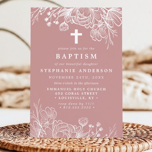 Stoffelijk Roos Roze en Wit Bloemen Doop Kaart