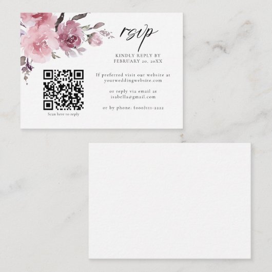 Stoffelijk Roos Roze Mauve Bloemen QR Code Bruilof Informatiekaartje (Voorkant / Achterkant)