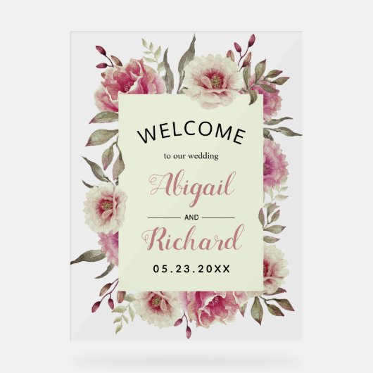 Stoffelijk roos roze waterverf bloemen bruiloft we acryl bord (Voorkant)