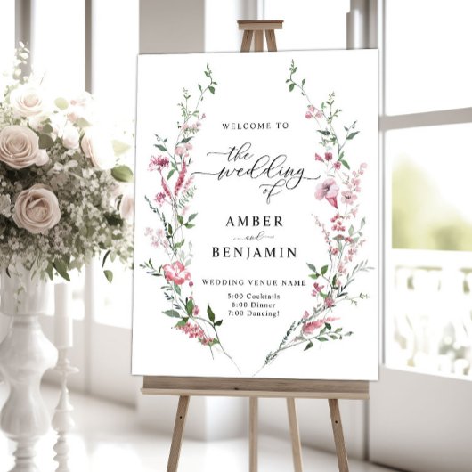 Stoffelijk Roos Roze Wildbloemen Bruiloft Welkomst Poster