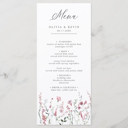 Stoffelijk Roos Roze Wilde Bloemenweide Bloemenbru Menu (Voorkant)