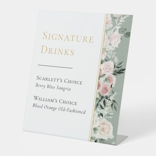 Stoffelijk Roos Sage Groene Bruiloft Handtekening  Reclamebord Met Voetstuk (Voorkant)