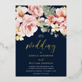 Stoffelijk Roos Waterverf Bloemen Bruiloft Navy & Folie Uitnodiging (Voorkant)