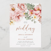 Stoffelijk Roos Waterverf Bloemen Bruiloft Roos Go Folie Uitnodiging (Voorkant)