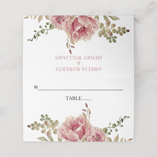 Stoffelijk roos waterverf bloemen en bladeren brui plaatskaartje (Buitenkant ongevouwen)