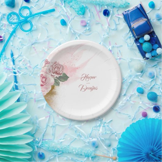 Stoffelijk Roos Waterverf Bloemen en Gouden Glitte Papieren Bordje (Feest)