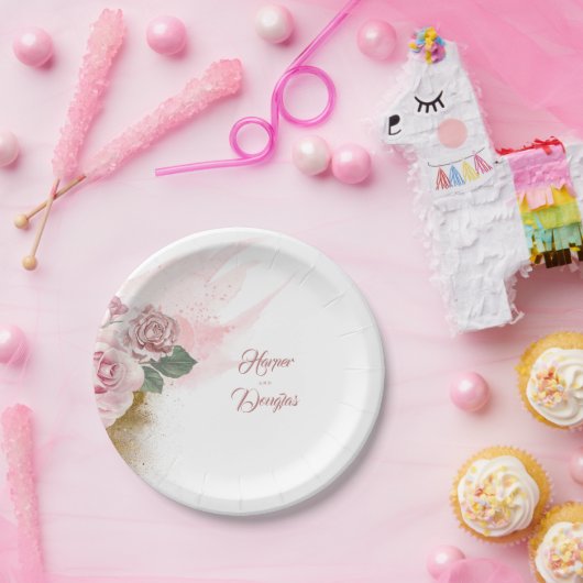 Stoffelijk Roos Waterverf Bloemen en Gouden Glitte Papieren Bordje (Feest)