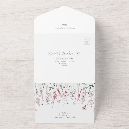 Stoffelijk Roos Wilde Bloemenweide Bloemen Bruilof All In One Uitnodiging (Buitenkant)