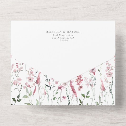 Stoffelijk Roos Wilde Bloemenweide Bloemen Bruilof All In One Uitnodiging (Achterkant)