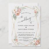 Stoffelijk Roos Wit Bloemen Goud Kalligrafie Bruil Kaart (Voorkant)