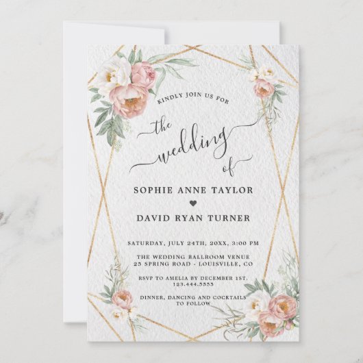 Stoffelijk Roos Wit Bloemen Goud Kalligrafie Bruil Kaart (Voorkant)