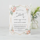 Stoffelijk Roos Wit Bloemen Goud Kalligrafie Bruil Kaart (Staand voorkant)
