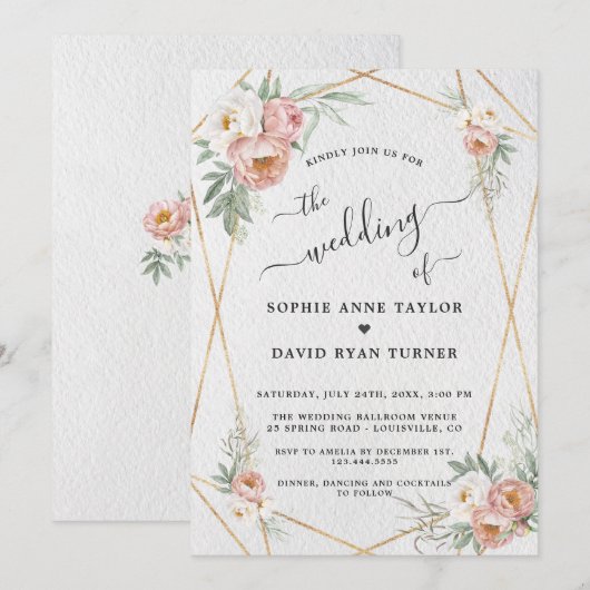 Stoffelijk Roos Wit Bloemen Goud Kalligrafie Bruil Kaart (Voorkant / Achterkant)