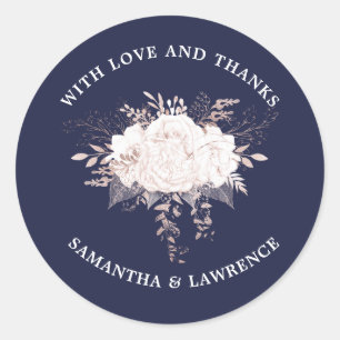 Stoffelijk Roos Wit Bloemen Navy Blauw Bruiloft Ronde Sticker
