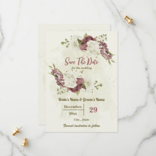 Stoffelijk roos & witte bloemen botanische bruilof save the date