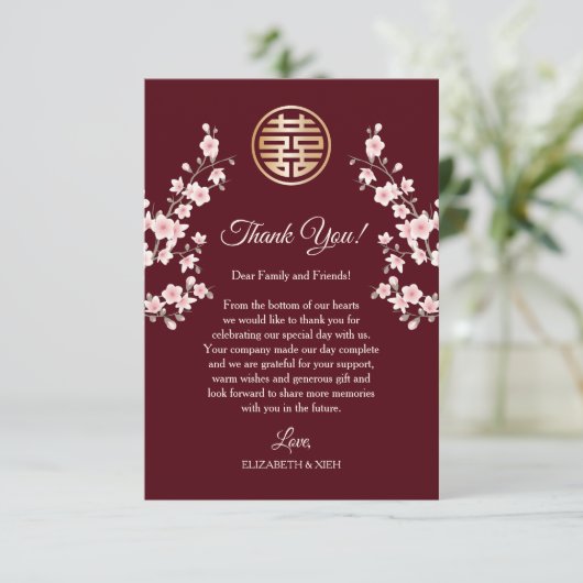 Stoffelijk roze kersenbloesem Chinees bruiloft Bedankkaart (Staand voorkant)