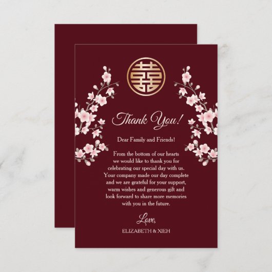 Stoffelijk roze kersenbloesem Chinees bruiloft Bedankkaart (Voorkant / Achterkant)