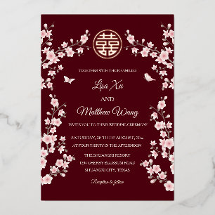 Stoffelijk roze kersenbloesem Chinees bruiloft Folie Uitnodiging