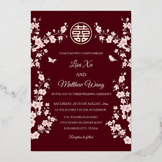 Stoffelijk roze kersenbloesem Chinees bruiloft Folie Uitnodiging (Voorkant)