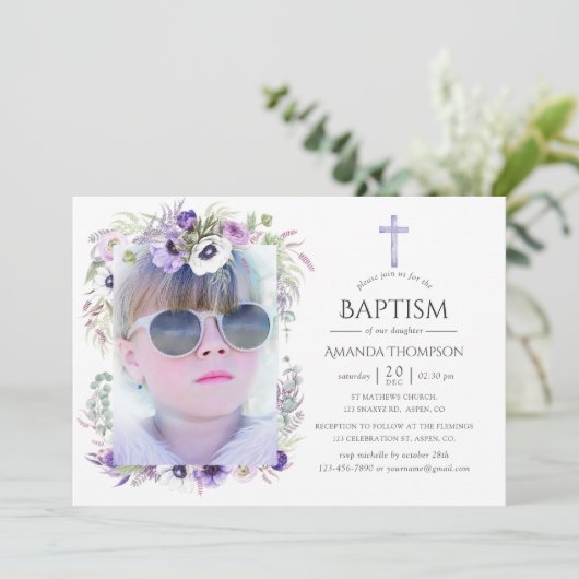 Stoffelijk Violet Bloemen Doop of doop Kaart (Staand voorkant)