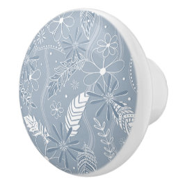 Stoffelijke blauwe boho veren bloemen paislies mon keramische knop