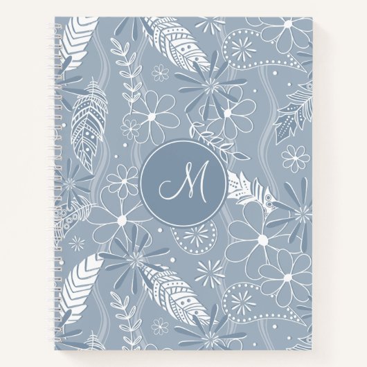 Stoffelijke blauwe boho veren bloemen paislies mon notitieboek (Voorkant)