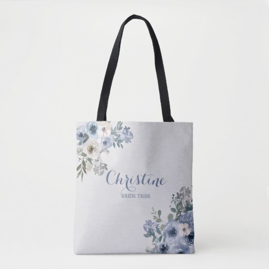 Stoffentas 'Dusty Blue White Floral Bride Tribe' Tote Bag (Voorkant)