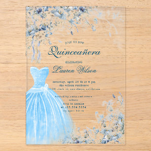 stofferig blauwe bloemige Quinceañera uitnodiging