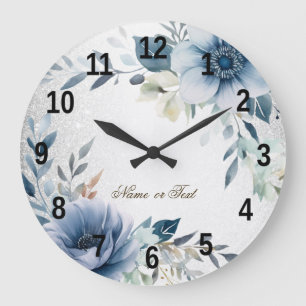Stoffig Blau Aquarel Bloemen Zilver Elegant Grote Klok