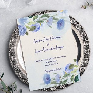 Stoffig Blau Aquarel Bloemige Botanische Trouwdag Kaart