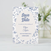 Stoffig Blau Aquarel Flora Save The Date Kaart (Staand voorkant)