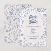 Stoffig Blau Aquarel Flora Save The Date Kaart (Voorkant / Achterkant)