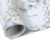 Stoffig blau aquarel ivoor witte bloemen bladeren  cadeaupapier (Rol Hoek)
