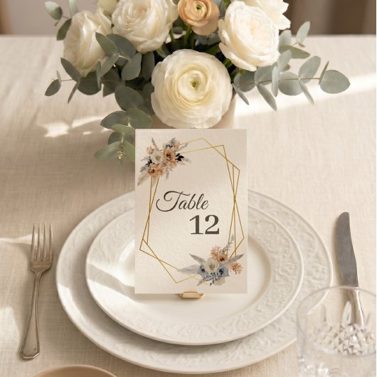 Stoffig blau beige bloem tafelnummer bruiloft