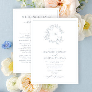 Stoffig Blau Bladerige Kuif Monogram Details Trouw Kaart