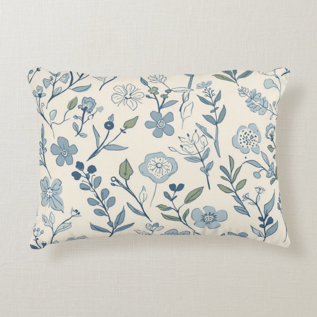 Stoffig Blau Bloemenweide Botanisch Patroon Accent Kussen (Voorkant)