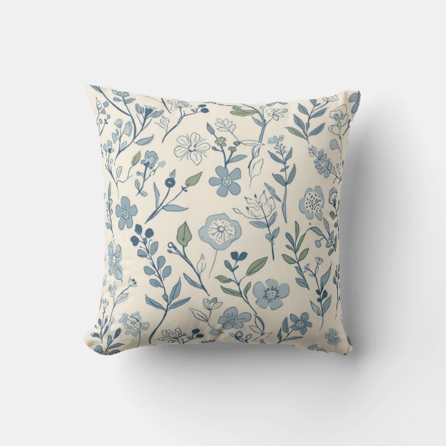 Stoffig blau bloemenweide botanisch patroon kussen (Voorkant)