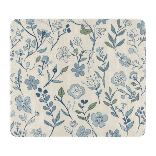 Stoffig Blau Bloemenweide Botanisch Patroon Snijplank (Voorkant)