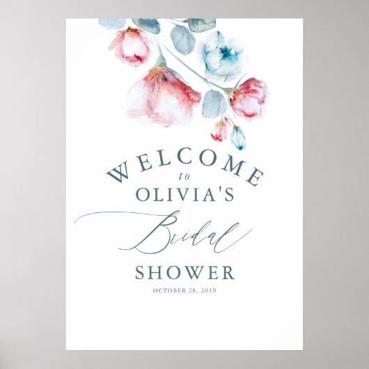 Stoffig blau bloemig elegant bruiloft feest welkom poster (Voorkant)