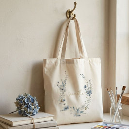Stoffig Blau Bloemig Lentegroen Naam Initiaalmonog Tote Bag