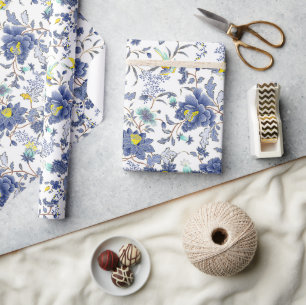 stoffig blau bloemmotief cadeaupapier