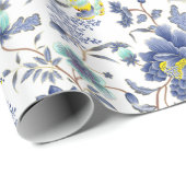 stoffig blau bloemmotief cadeaupapier (Rol Hoek)