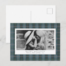 Stoffig Blau Elegant Plaid Eén Foto Feestdagenkaart